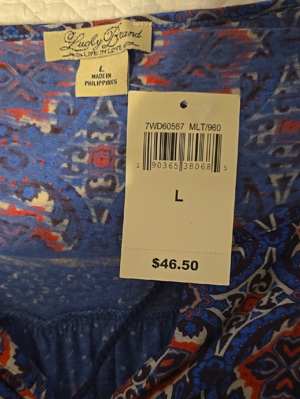 Lucky Brand Blue Orange Paisley Boho Peasant Blouse Tie Neck 3/4 Sleeve - Picture 5 of 10